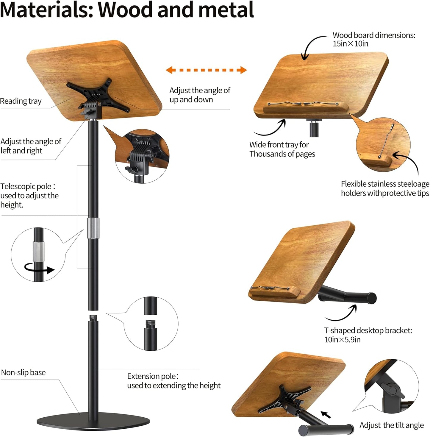 NAMON 2-in-1 Dual-use Floor & Desktop Book Stand, 100% Solid Wood, Height Adjustable from 16.5" to 51", Floor Reading Stand with Page Clip for Cookbooks, Sheet Music, Projector (with a T-Shaped)