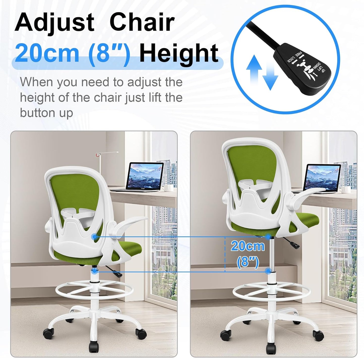 Primy Drafting Chair Tall Office Chair with Flip-up Armrests Executive Ergonomic Computer Standing Desk Chair with Lumbar Support and Adjustable Footrest Ring (AvocadoGreen)