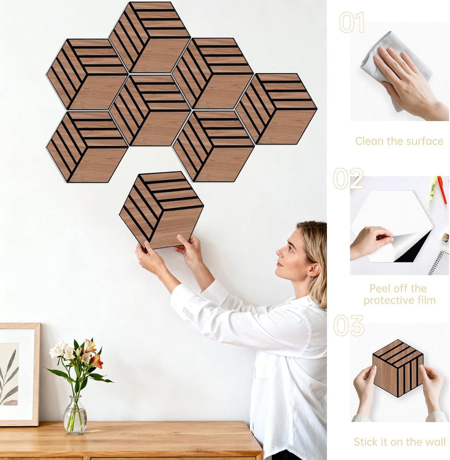 Mollywell Hexagon Acoustic Panels, Walnut TW4, 14x12x0.4 Inch, 12 Pack |Wood Veneer|High Density Sound Proofing Wall Panels|Self Adhesive Sound Dampening Felt Wall Tiles|Home Theater|Gaming Room|