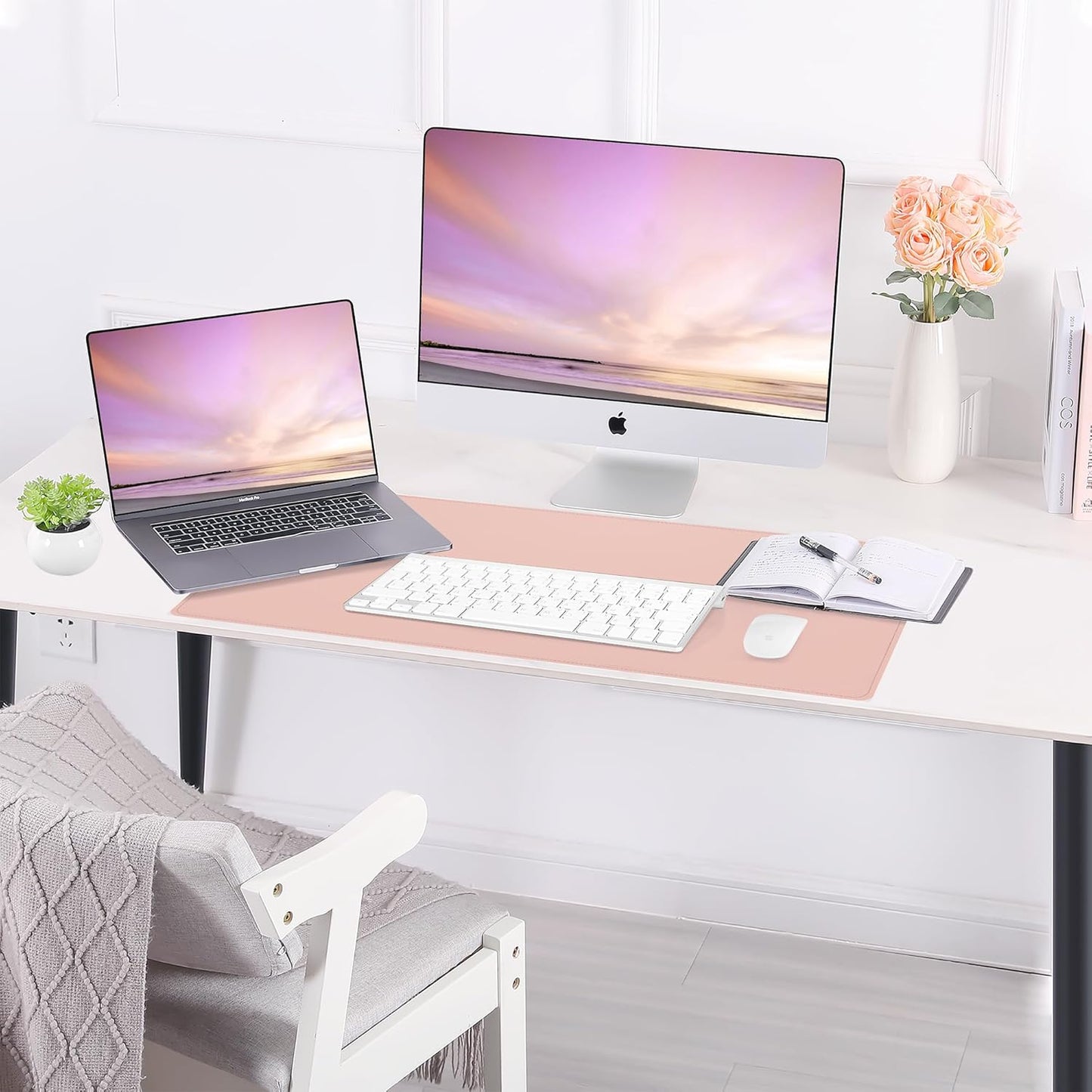 AFIING Dual-Sided Desk Pad, Natural Cork & PU Leather Large Mouse mats for Office and Home Work, Desk Protector Non-Slip, Waterproof, Easy Clean (Pink, 23.6" x 13.7")