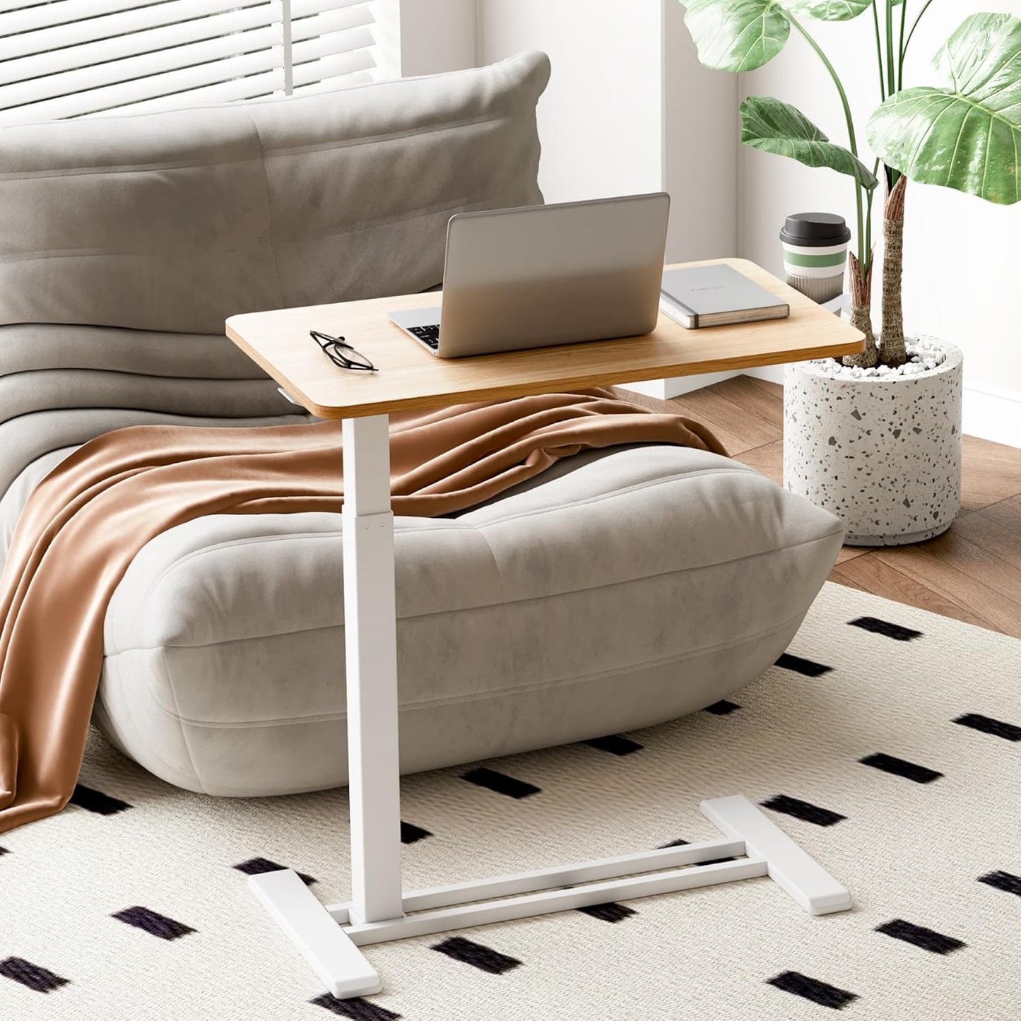 SANODESK Medical Adjustable Overbed Bedside Table with Hidden Casters, Pneumatic Mobile Laptop Computer Standing Desk Cart with Tray, Hospital and Home Use(27.6" W x 15.7" D, Maple)