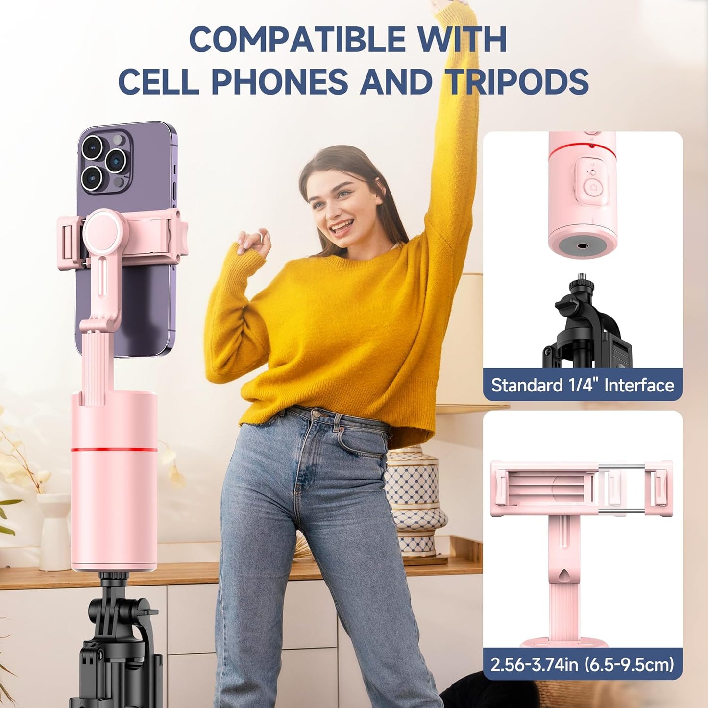 Auto Face Tracking Phone Holder, Gesture Control & Remote, Face Tracking Tripod 360 Rotation Body Phone Camera Mount Smart Shooting Holder, iPhone Selfie Stick Tripod, Expandable Pole (Pink)