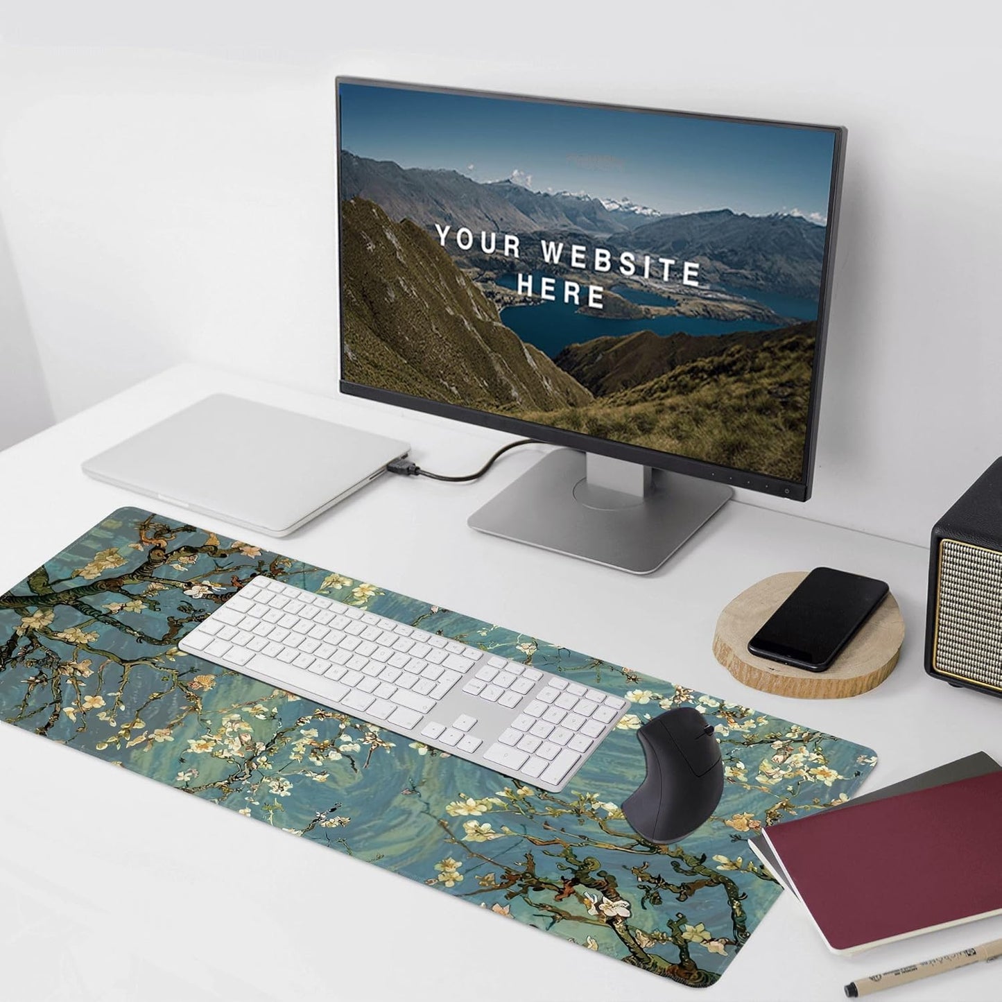 Almond Blossoms Large Mouse Pad,Gaming Keyboard Desk Pad,Extended Mouse Mat Non-Slip Rubber Base with Stitched Edges for Office Game Home XXL 35.4"x15.7"