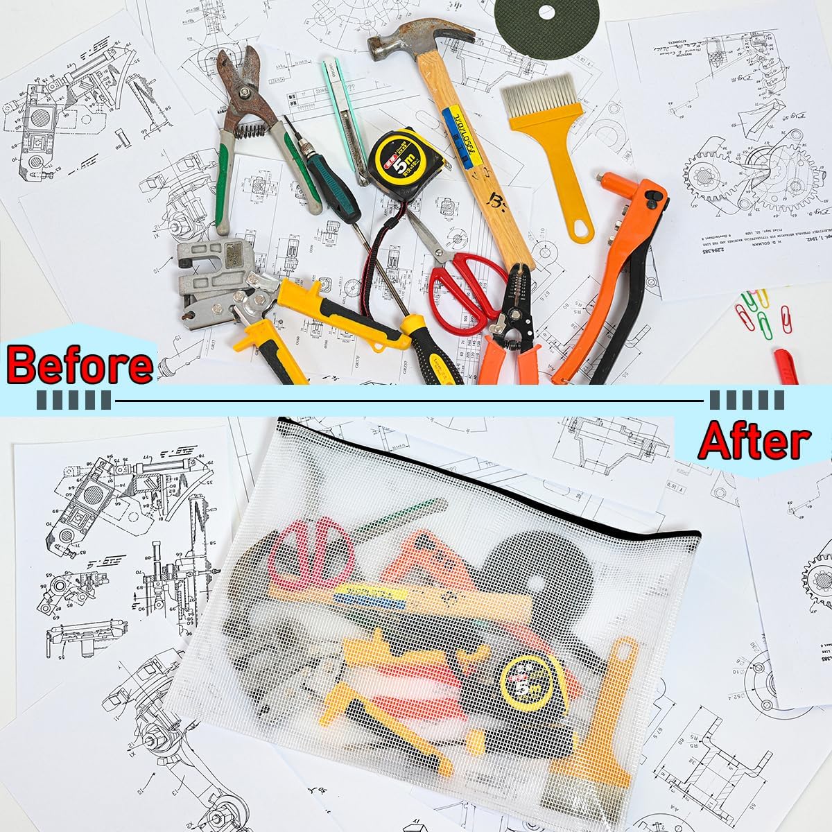 AUSTARK 20 Pcs Zipper File Bags, Plastic Mesh Pouch, Board Game Storage Bag, Waterproof Bags for Office School (A3 Size 16.9''x12'', White and Black)