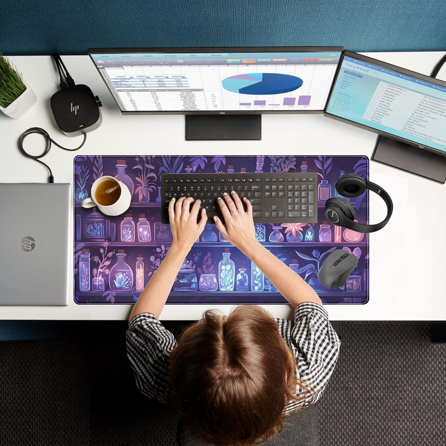 Cute Cozy Purple Gaming Desk Mat, Mystical Potion Bottles Mouse Pad XXL Large Extended Aesthetic Apothecary Shelf Desk Pad, Fun Computer Desktop Pad Mat Laptop Keyboard and Mouse Mat 31.5x15.7 in