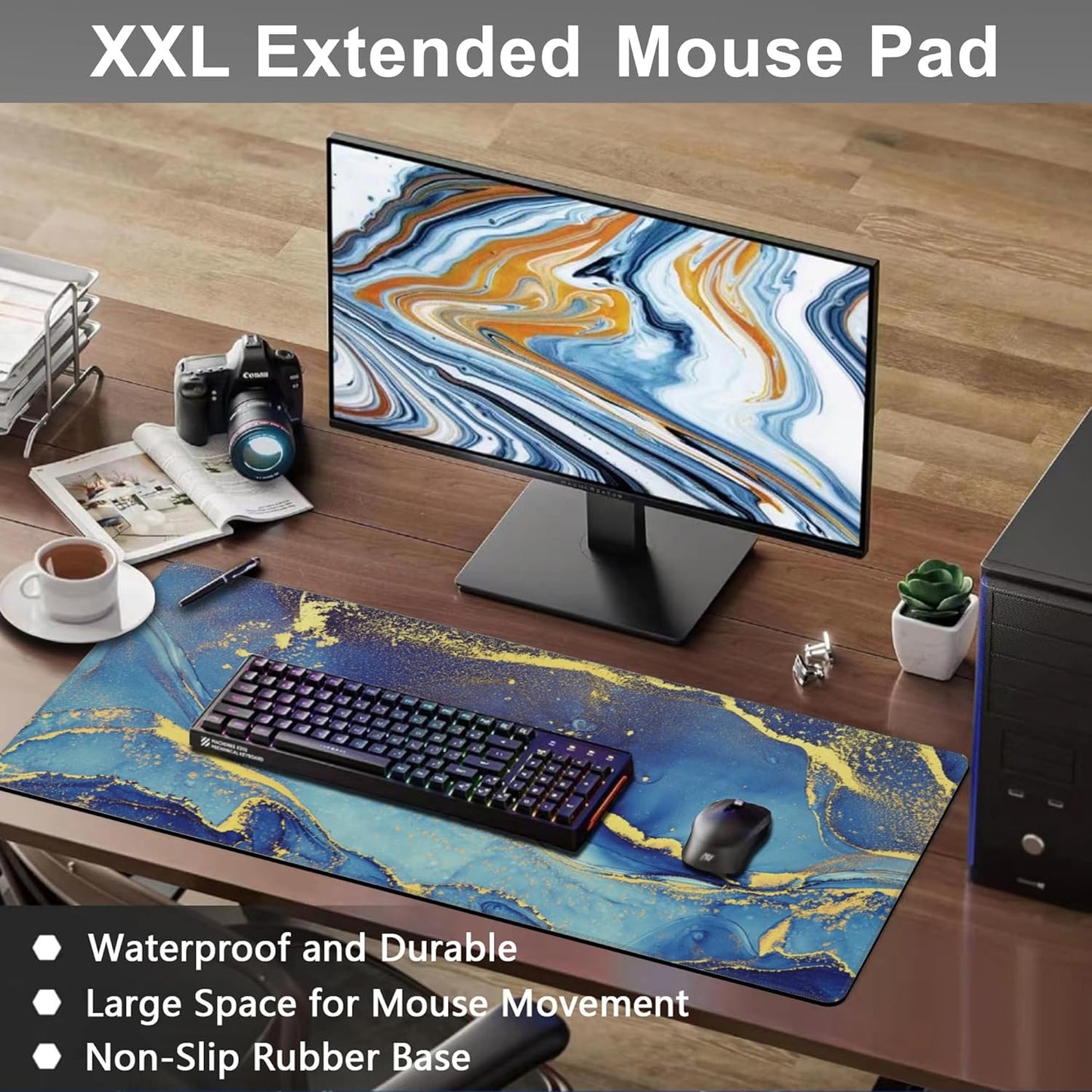 Mouse Pad, Large Alcohol Ink Art Desk Mat, Extended Non-Slip Gaming Keyboard Mousepad Desk Pad, Thick Stitched Edges Waterproof Mouse Mat 31.5"x15.7" (Abstract Fluid Art Painting)