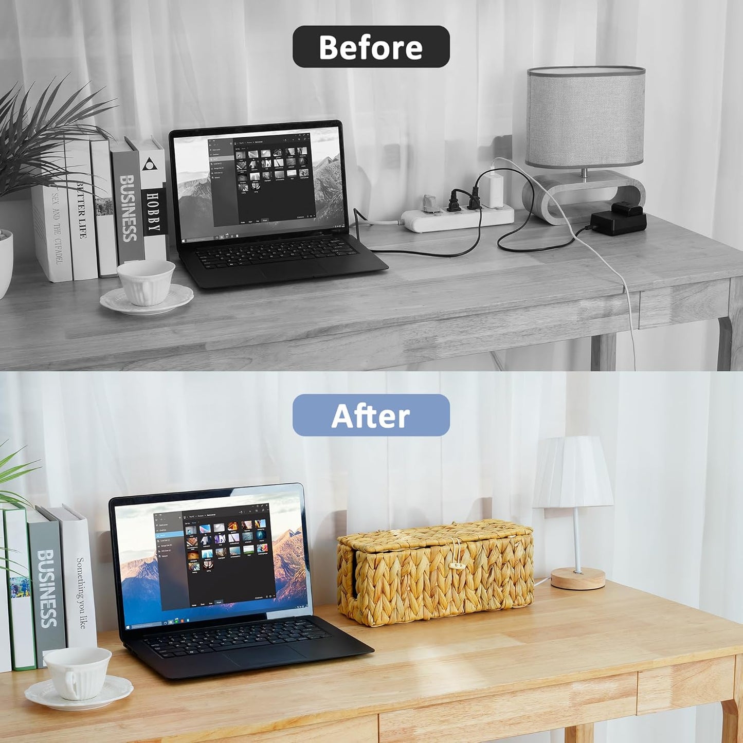 efluky 2 Pack Hand-woven Cable Management Box with Lid, Water Hyacinth Open Slots Cord Box to Hide USB Wire, Power Strip & Charger for Home & Office and Dorm, Natural