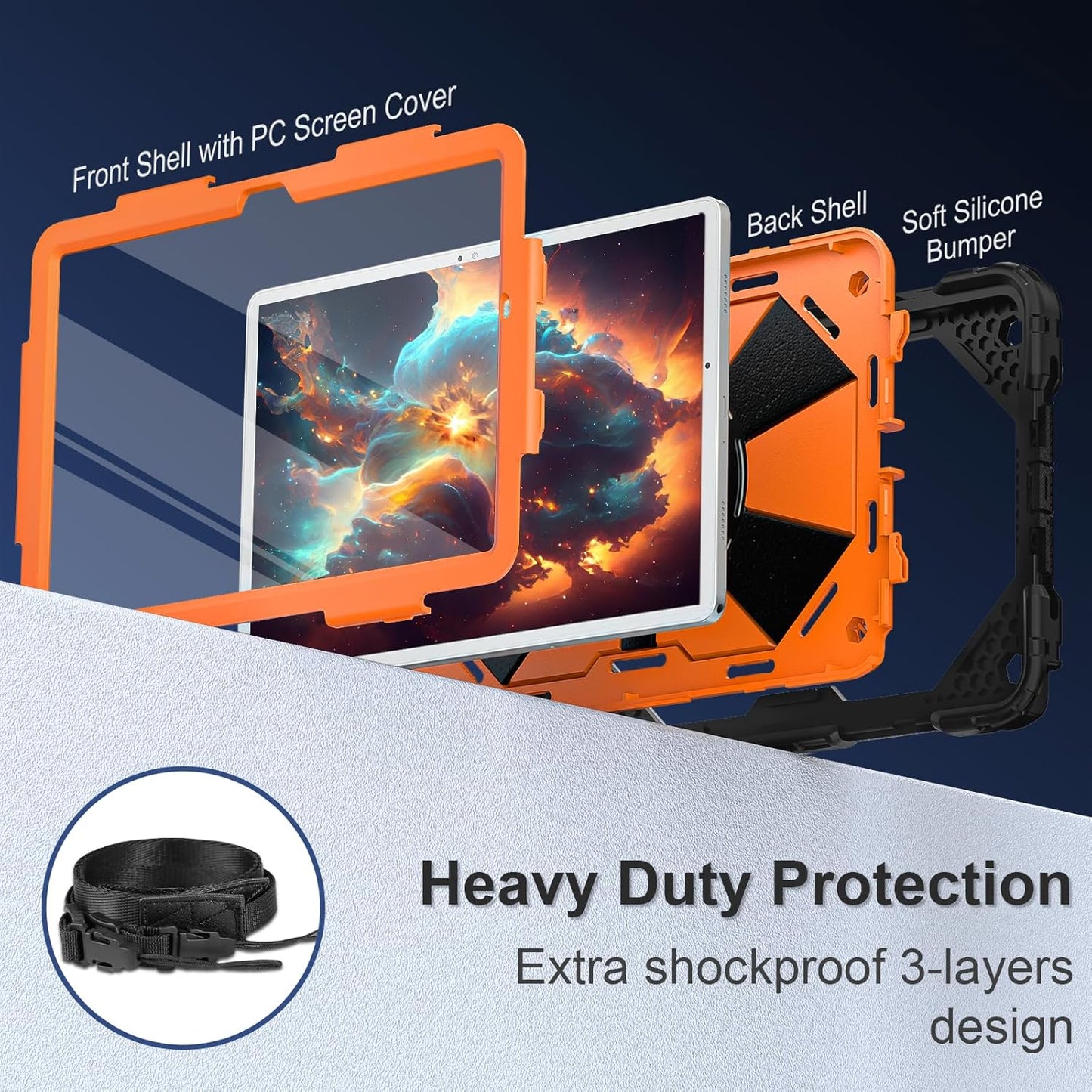 for Galaxy Tab A9 Plus Case 11 Inch, Rugged Case for Samsung Galaxy A9+ Tablet with Screen Protector 360 Rotating Stand Shoulder Strap Pen Holder, 2023 Model(SM-X210/X216/218), Black Orange