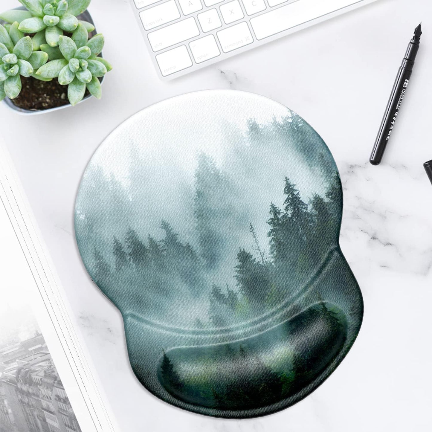 ITNRSIIET Ergonomic Mouse Pad with Gel Wrist Support Small Wrist Rest Smooth Surface Non-Slip PU Base Comfortable Office Supplies Pain Relief, 8.7 x 7.2 inches, Fog Forest