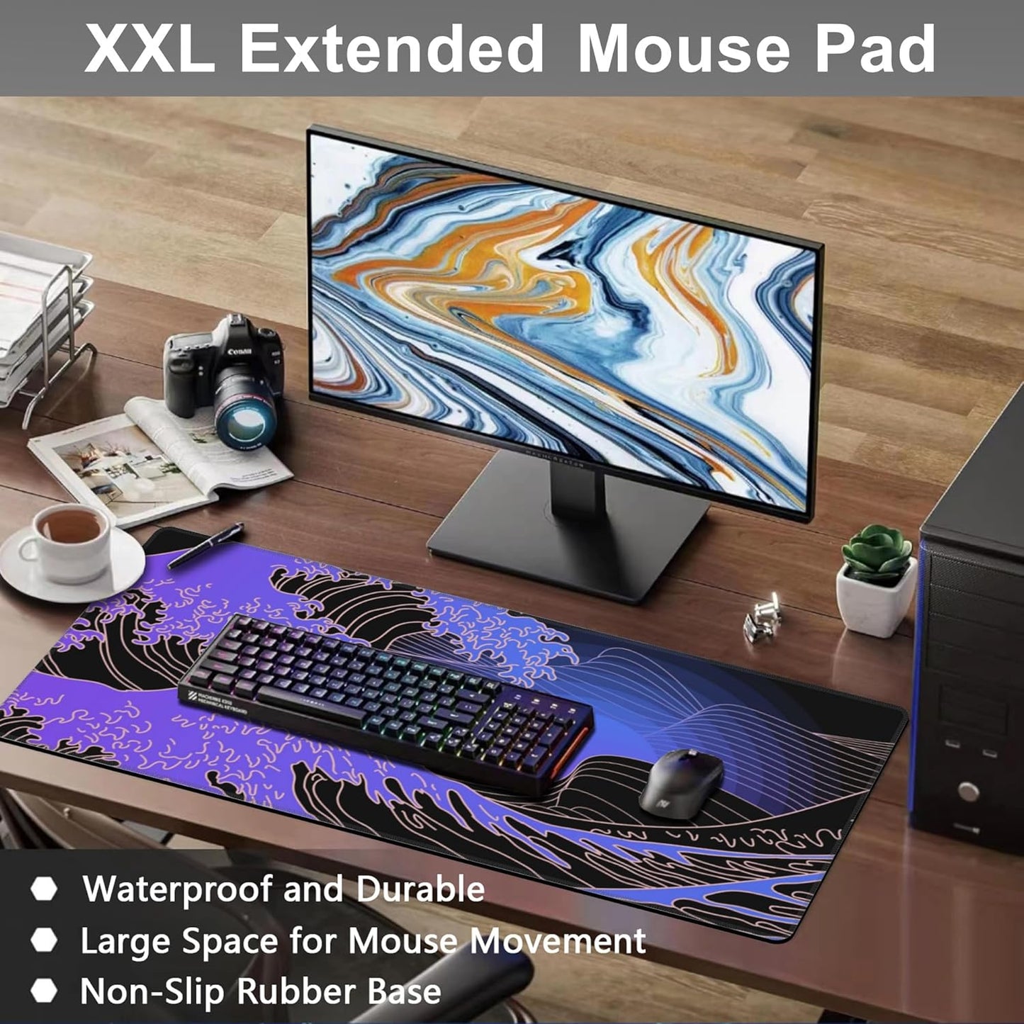 Mouse Pad, Large Ocean's Crest Leap Desk Mat, Extended Non-Slip Gaming Keyboard Mousepad Desk Pad, Thick Stitched Edges Waterproof Mouse Mat 31.5"x15.7" (Vaporwave Pop Art)