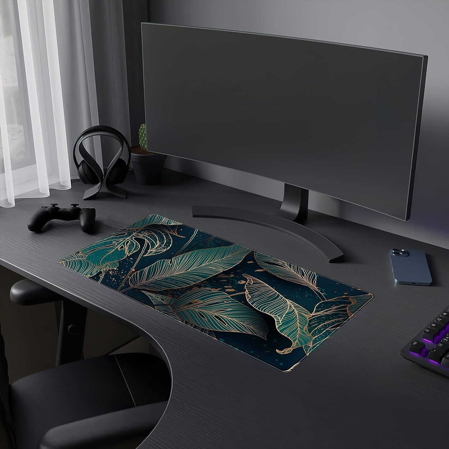 Desk Pad, Green Gold Palm Leaves Extended Gaming Mouse Pad Cute Large Desk Mat, Non-Slip Rubber Base Mousepad with Stitched Edges, Keyboard Mouse Mat Desk Pad for Game Office Home 31.5x15.75 in