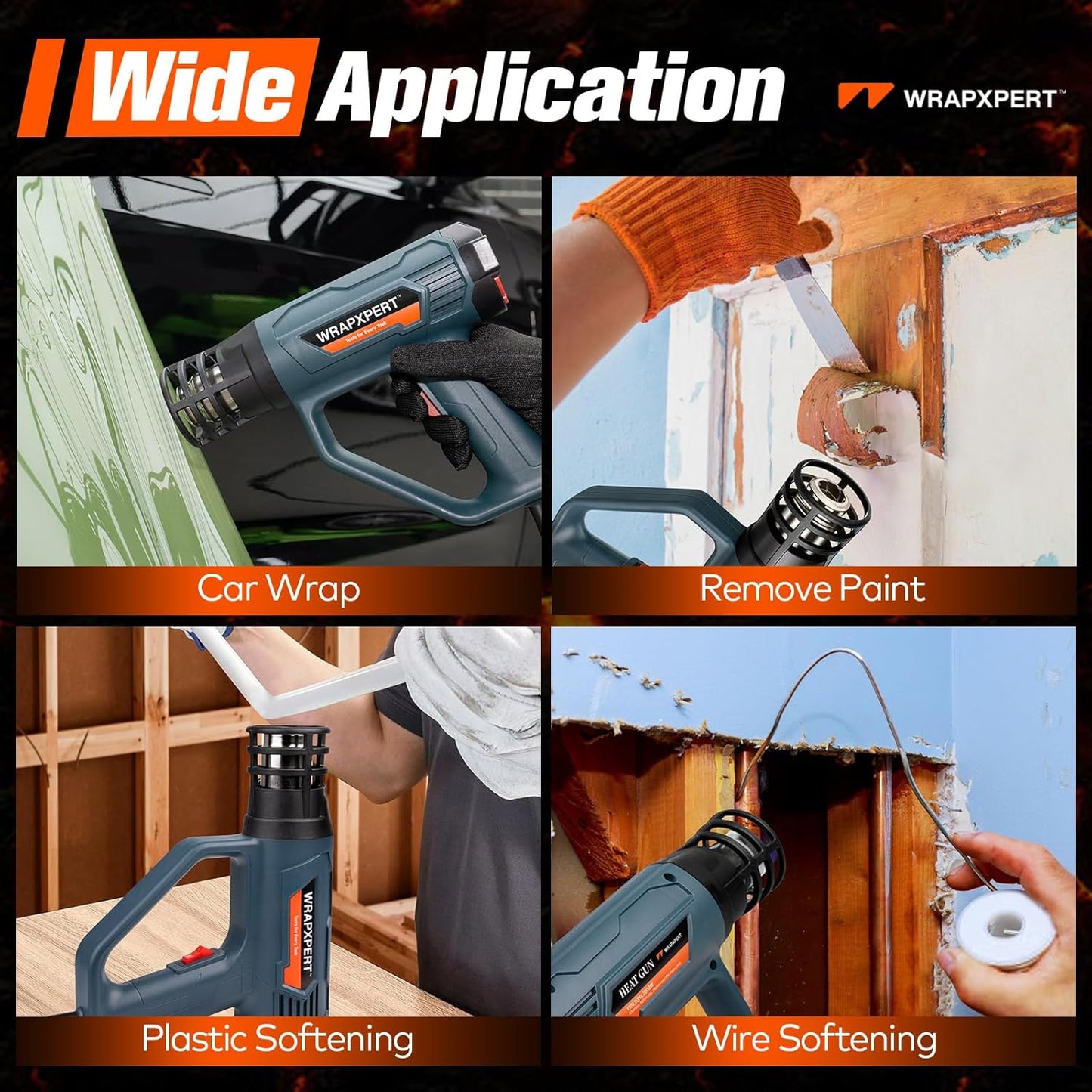 WRAPXPERT Heat Gun for Vinyl Wrap with Digital LCD 2000W 122℉-1202℉(50℃- 650℃) Hot Air Gun Variable Temperature Control Memory Function for Car Wrap, Crafts, Shrinking Tubing, Stripping Paint