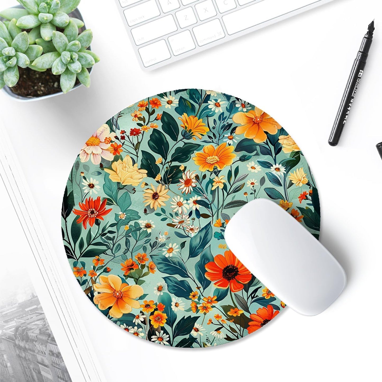 ITNRSIIET Round Mouse Pad with Stitched Edge Premium-Textured Waterproof Non-Slip Rubber Base Desktop Protection Mat Diameter 8.7 inches, Beautiful Flowers