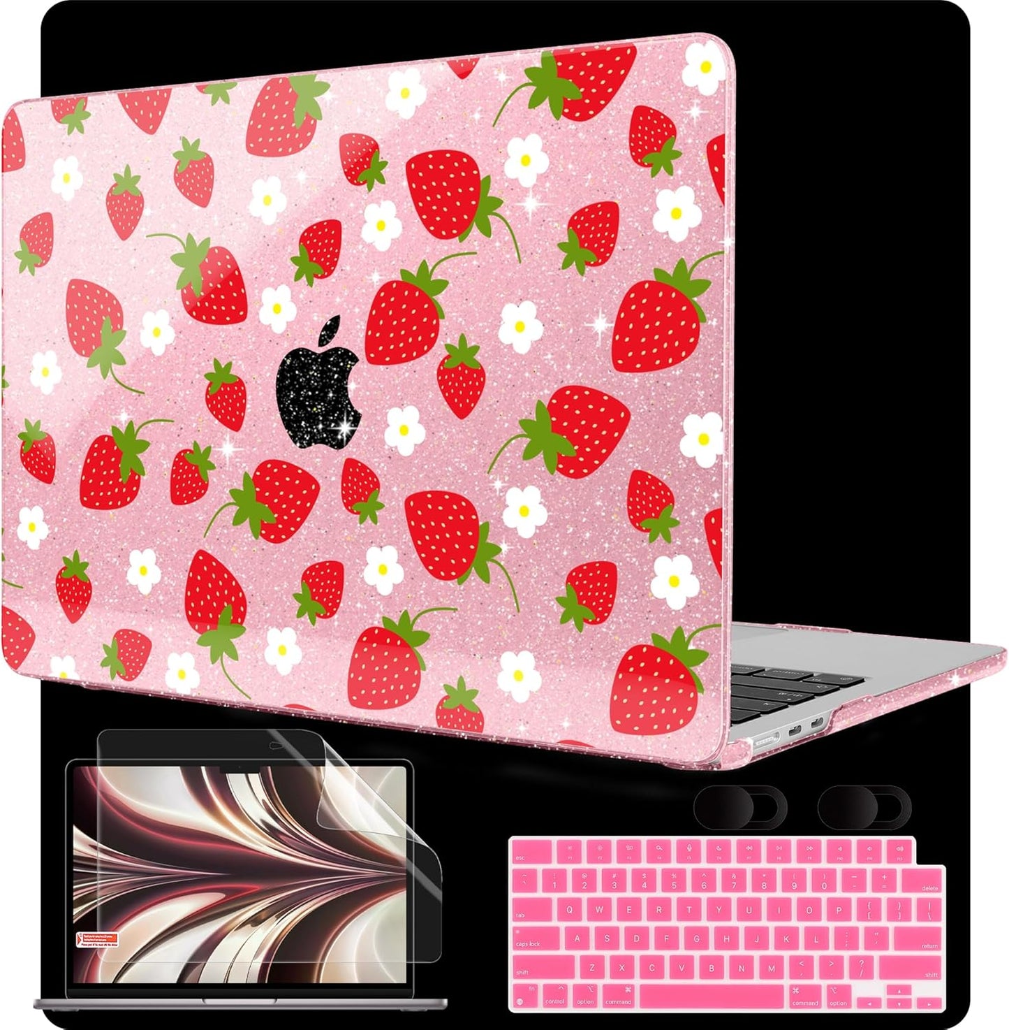 MEEgoodo Case for MacBook Air M4/M3/M2 13.6 inch 2025 2024 2022, Fit Model A3240 A3113 A2681, Compatible with MacBook Air 13 inch, Laptop Hard Shell Case with Keyboard Cover, Strawberries & Flowers