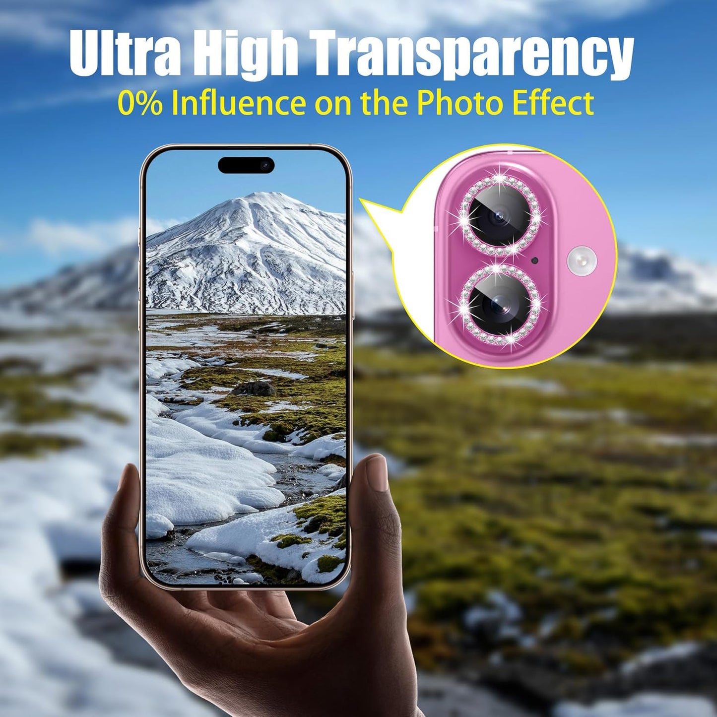 AGVEE 3+3 6 Pack for iPhone 16 6.1" / 16 Plus 6.7" Camera Lens Cover Protector, Bling Diamond & Bling Glitter Metal Ring 9H Tempered HD Glass Camera Cover Protector Film, Bling-Rose