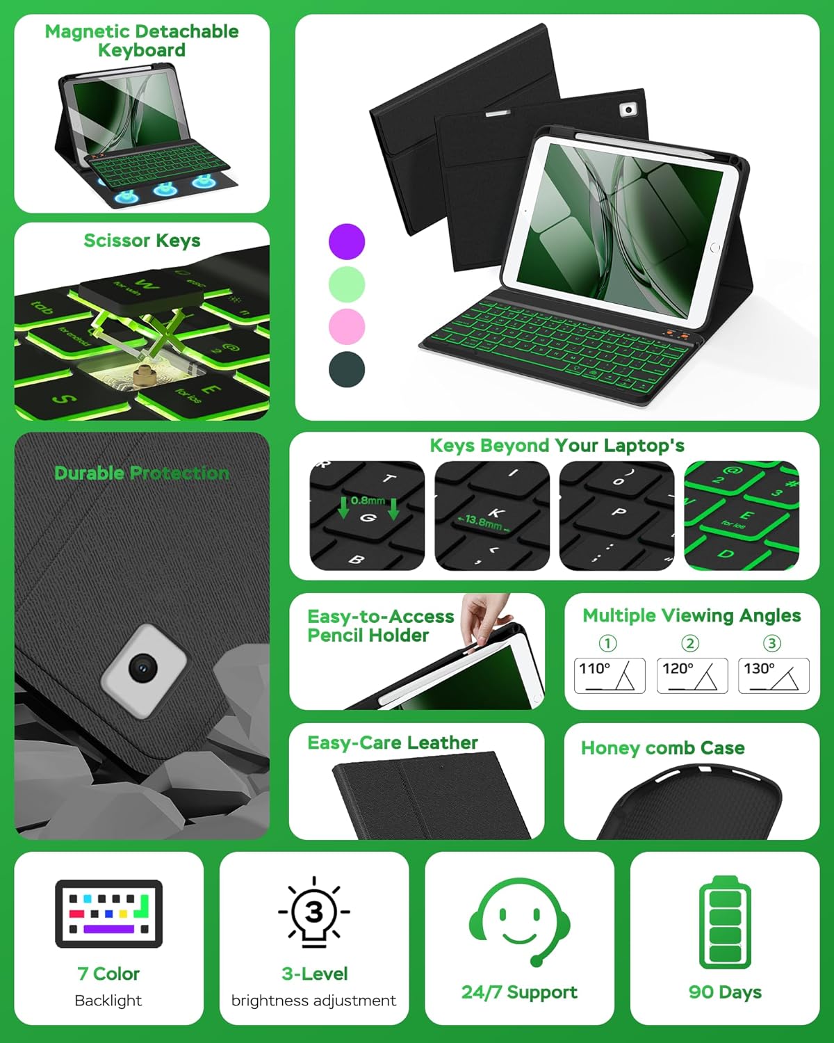 Keyboard Case for iPad 9th 8th 7th Generation 10.2" - 7 Colors Backlit Detachable Folio Keyboard Cover with Pencil Holder for iPad Pro 10.5" / iPad Air 3rd Gen (Black)