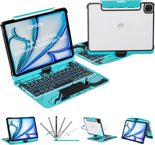 Keyboard Case for 12.9 inch iPad Pro 6/5/4/3rd Gen & 13 inch iPad Air (2025 M3, 2024 M2) Wireless Keyboard with Trackpad 7 Color Backlit, Transparent Protective Cover with Pencil Holder (Cyan)