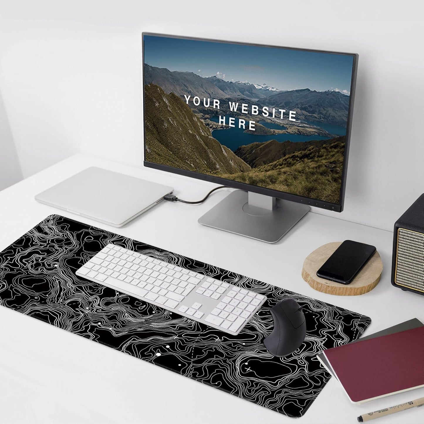 Black with White Topographic Line Large Mouse Pad,Gaming Keyboard Desk Pad,Extended Mouse Mat Non-Slip Rubber Base with Stitched Edges for Office Game Home XXL 35.4"x15.7"