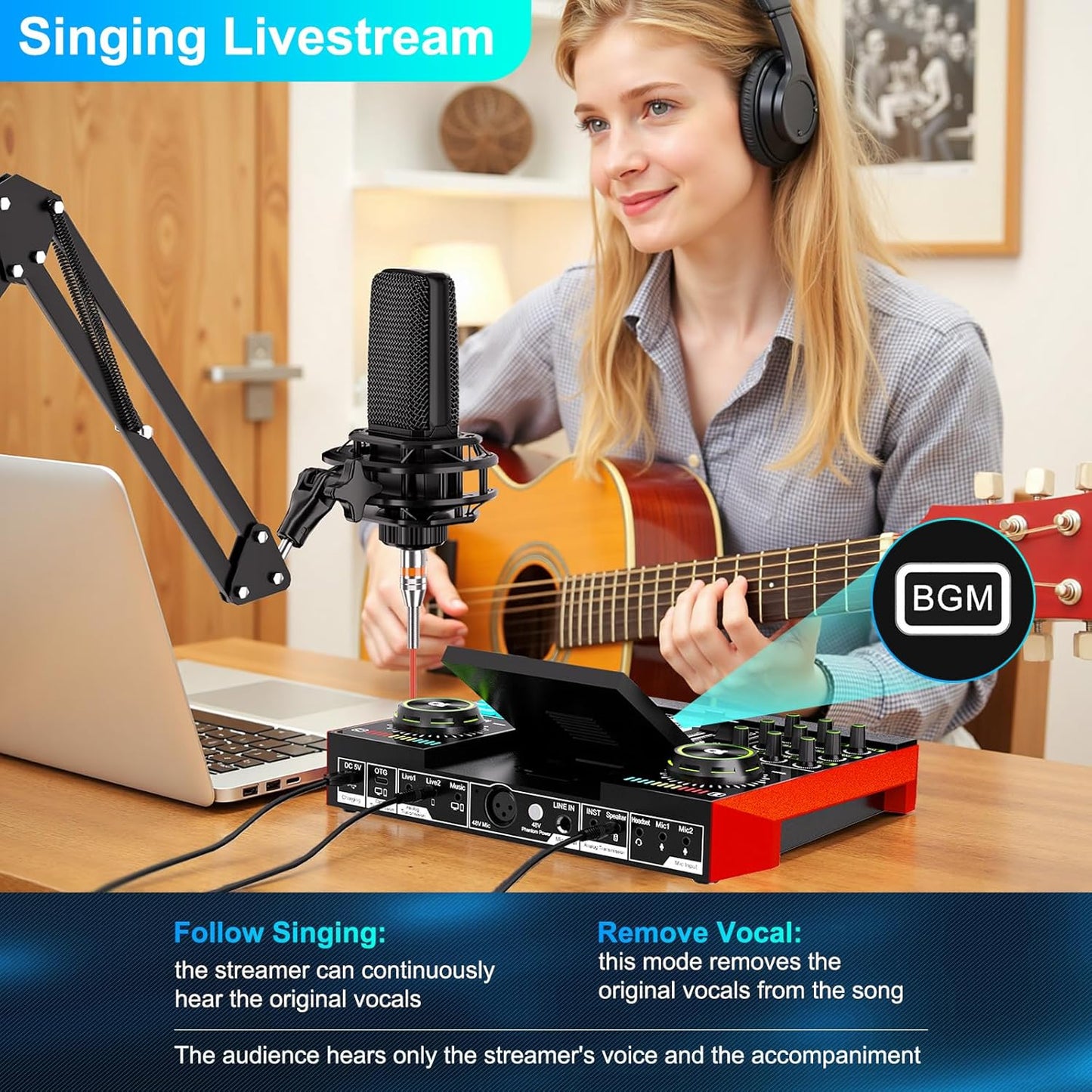 Podcast Equipment Bundle with 3.5mm Condenser Microphone for Pc/Phone Live Streaming Singing Gaming, Podcast Microphone Bundle with Live Sound Card Audio Mixer,Voice Changer, Denoise,DJ Sets