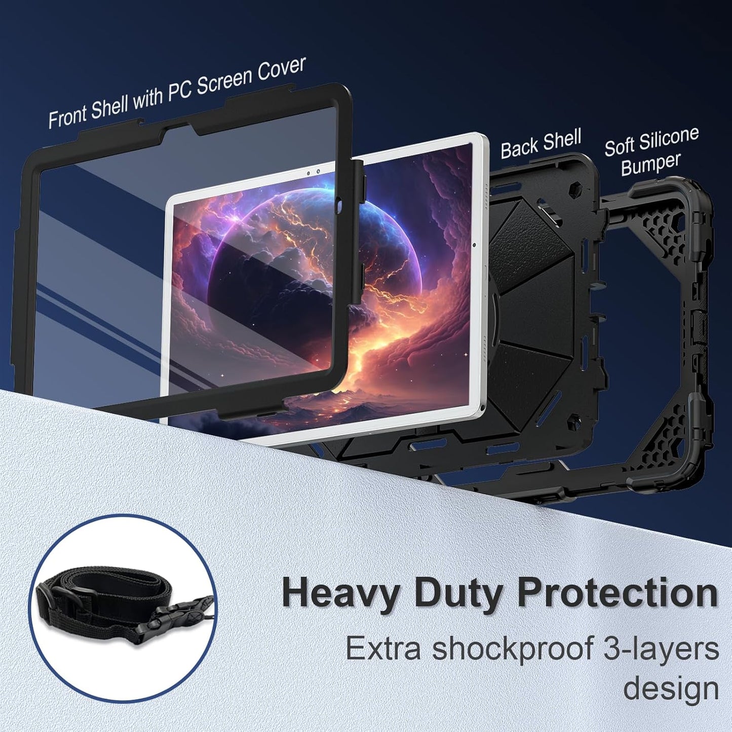 for Galaxy Tab A9 Plus Case 11 Inch, Rugged Case for Samsung Galaxy A9+ Tablet Case with Screen Protector 360 Rotating Stand Shoulder Strap Pen Holder, 2023 Model(SM-X210/X216/218), Black Black