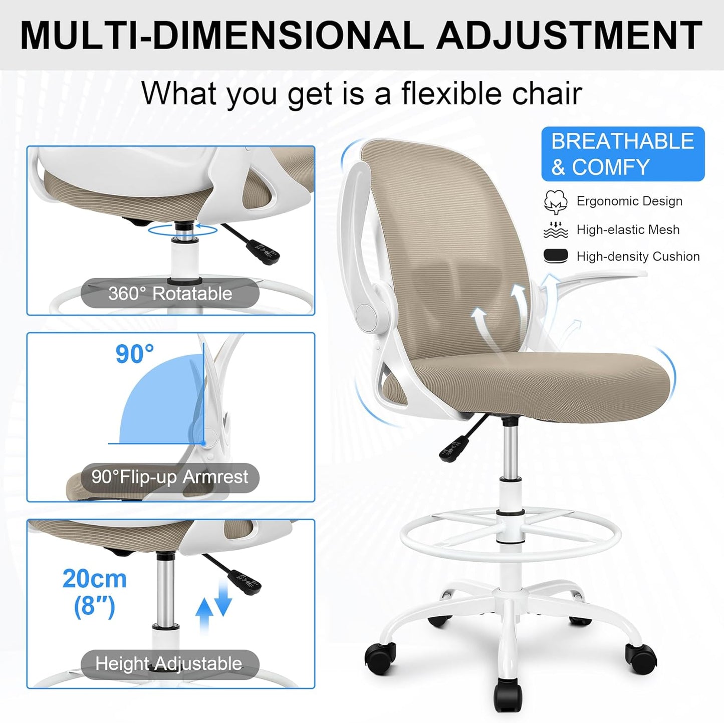 Primy Drafting Chair Tall Office Chair with Flip-up Armrests Executive Ergonomic Computer Standing Desk Chair with Lumbar Support and Adjustable Footrest Ring(Khaki)