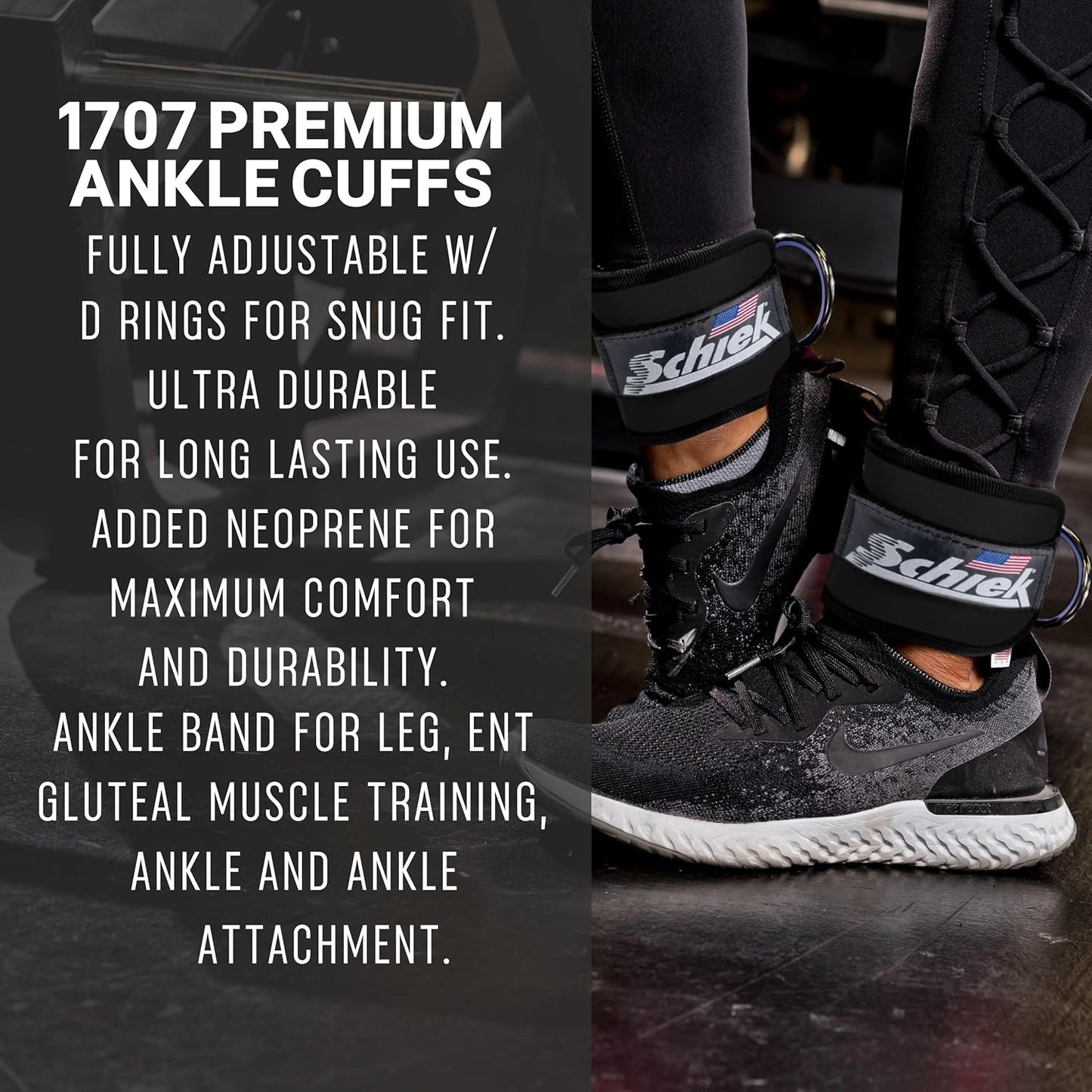 Schiek Sports 1707 Ankle Cuffs - Ideal for Glute Kickbacks and Cable Machine Workouts - Durable and Built To Last