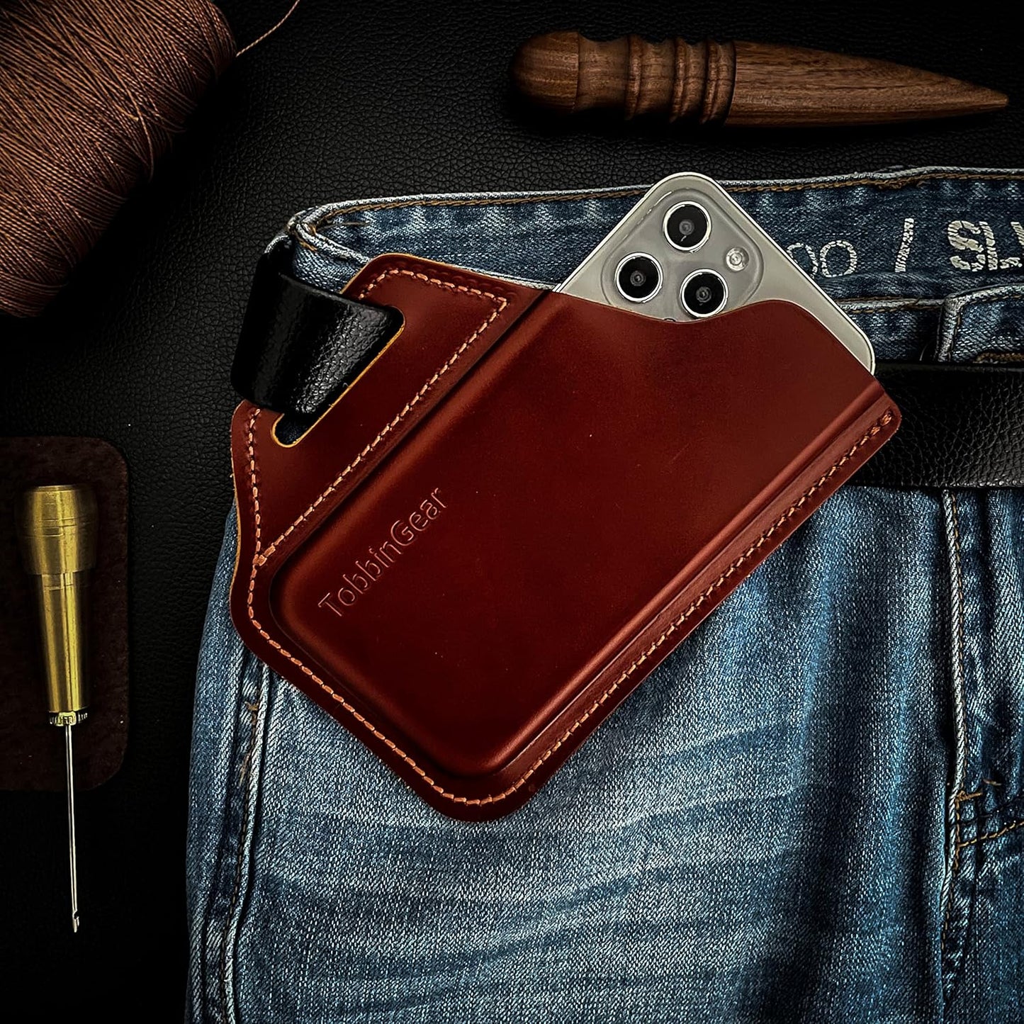 TobbinGear Leather Belt Phone Pouch, Leather Cell Phone Holster, Universal Phone Case with Belt Loops, for Men and Women Large Coffee