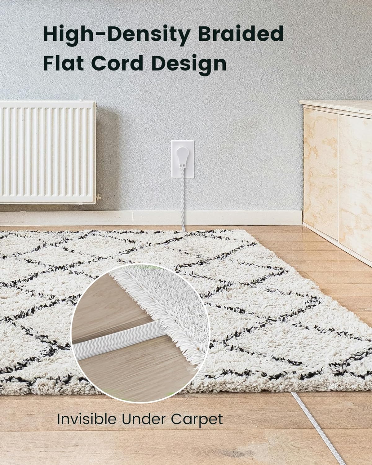 SURAIELEC 10FT 360° Rotating Flat Plug Extension Cord Flat Wall Plug with 3 Outlets, Braided Flat White Extension Cord for Indoor Use, Home, Office, 16/3C SPT, ETL Listed