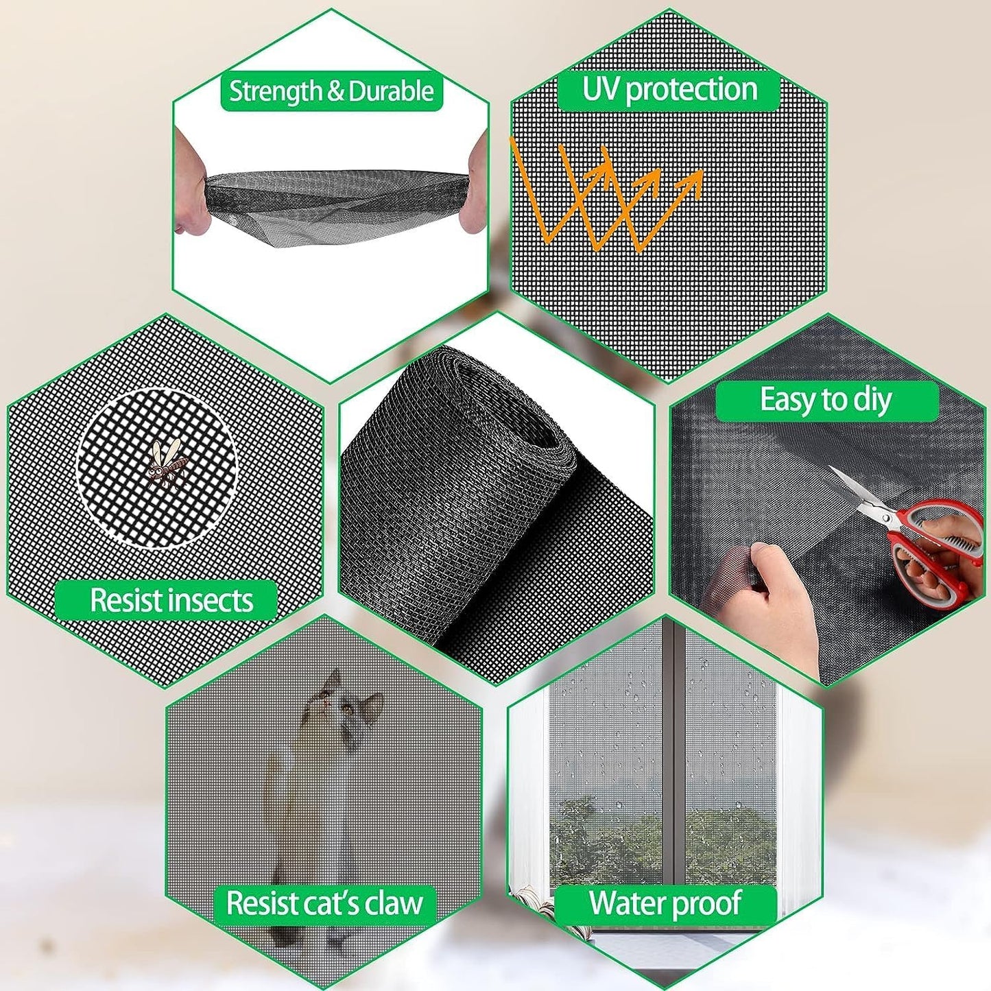 QWR Pet Proof Window Screen Replacement,39''x 360'' Heavy Duty High Hardness Vinyl Coated Wire-Like Mesh,Cat Resistant Screen Mesh for Sliding Screen Door,Patio,Windows(Rolled Package)