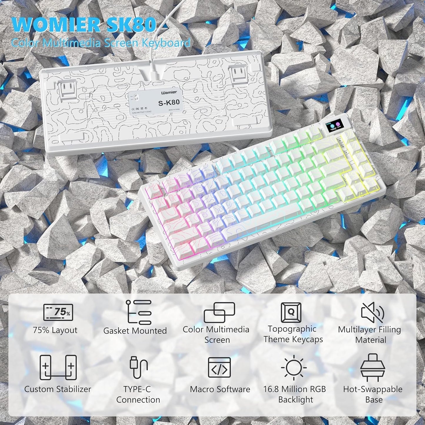 Womier SK80 75% Percent Keyboard with Color Multimedia Display Mechanical Gaming Keyboard Topographic, Hot Swappable Gasket Mount RGB Creamy Key Board Pre-lubed POM Switch for Mac/Win,White