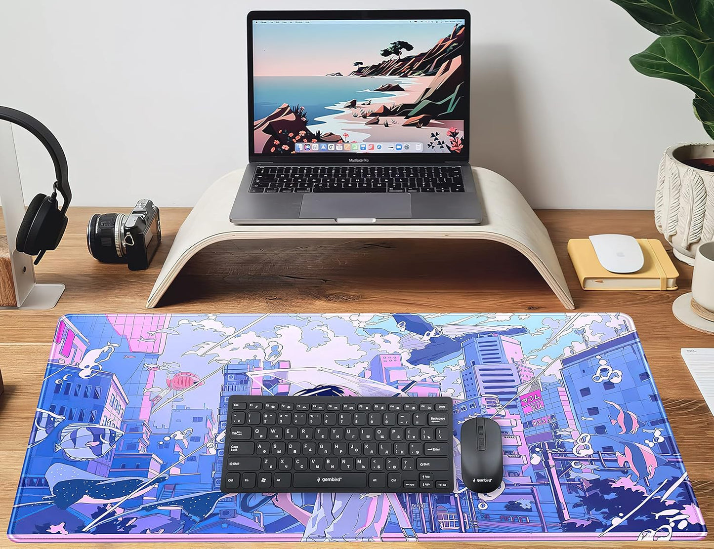 Anime Kawaii Desk Mat Mousepad Cute Japanese Large Gaming Mouse Pad XXL, Pastel Aesthetic Purple Blue Laptop Keyboard Mouse Mat, Magical Fantasy City Girl Gamer Computer Desktop Mat 31.5x15.75 in