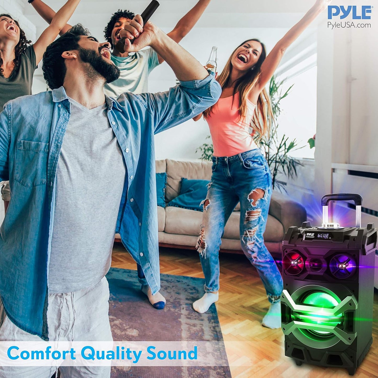 Pyle 500 Watt Portable BT Connectivity Karaoke Speaker System - PA Stereo with 8" Subwoofer, DJ Lights Rechargeable Battery Microphone, Recording Ability, MP3/USB/SD/FM Radio - PWMA325BT