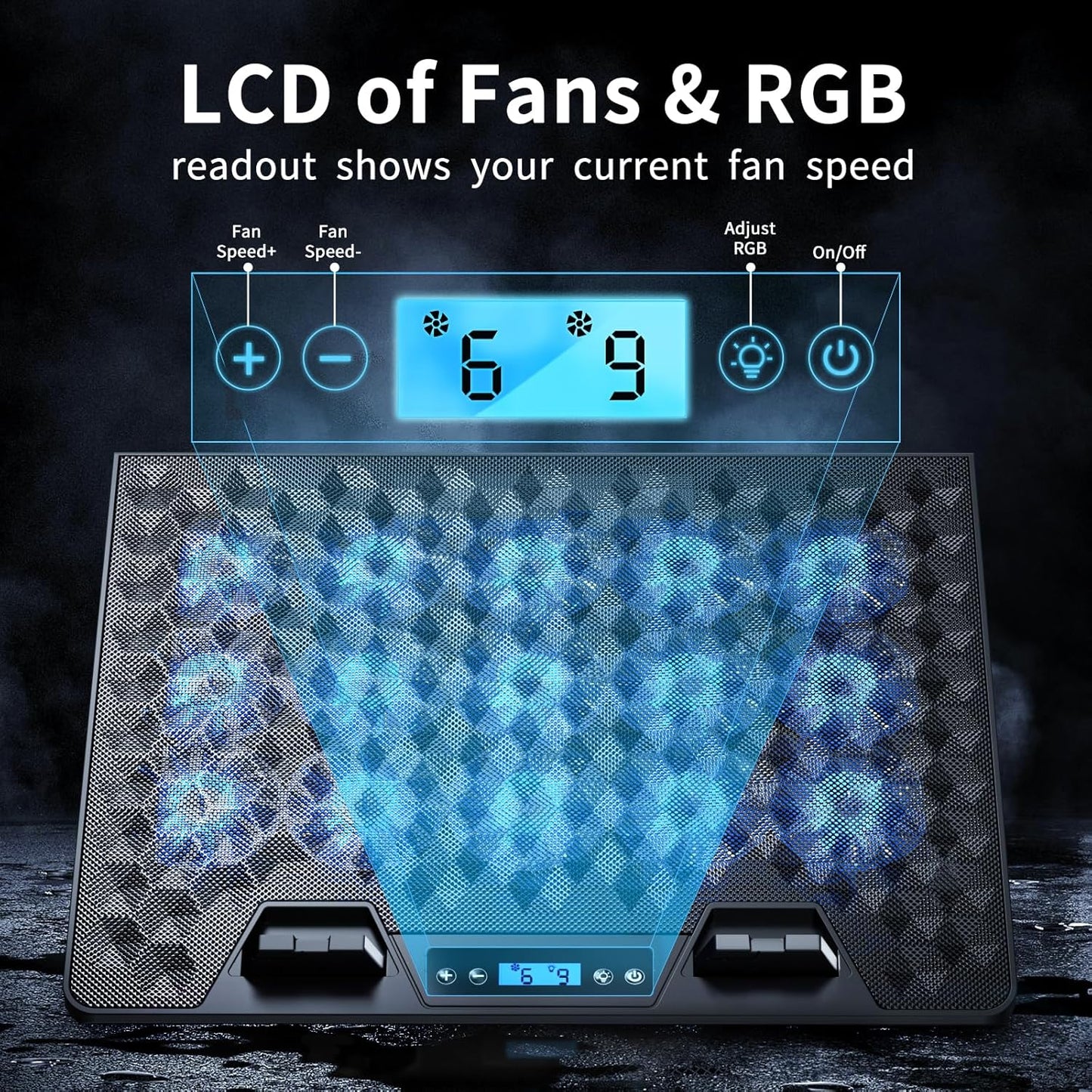 KeiBn Laptop Cooling Pad, Gaming Laptop Fan Cooling Pad with 15 Quiet Fans, RGB Laptop Cooler for 10-17.3 Inch, 4 Height Stands, 2 USB Ports - Blue