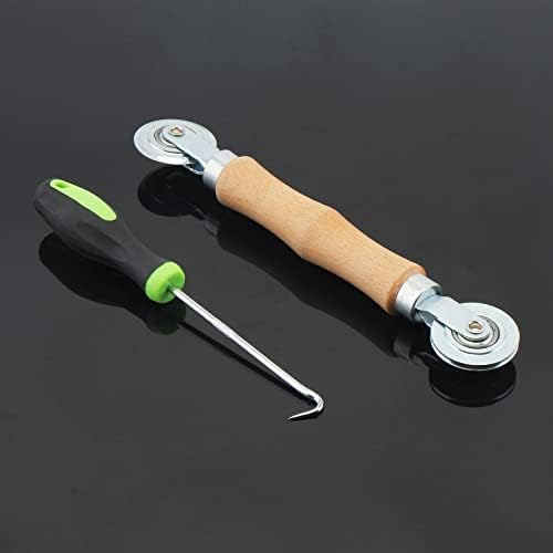 Screen Repair Kit, Screen Roller Tool with Bearing Spline Roller Wooden Handle and Puller Hook for Installing Door Screen Window, 2 in 1 Screen Roller Tool Kit