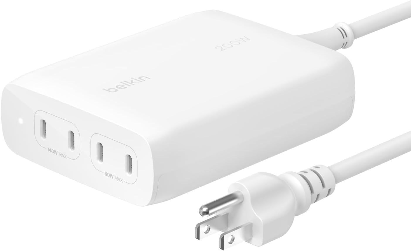Belkin 4-Port USB C Charger Block 200W - GaN Multi-Port Charger USB-C PD 3.1 Fast Charge + 5ft Power Cord - MacBook, iPhone 16, iPad, Galaxy S25, Google Pixel, Nintendo Switch 2 - White
