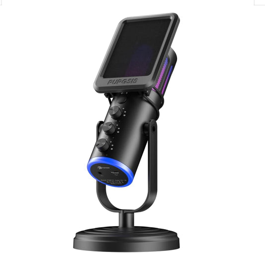 PUPGSIS Gaming Microphone for PC, Noise Cancellation Condenser Mic with RGB Lights, Mute, Monitoring, Pop Filter, Desktop-Mic for Streaming/Podcasting/Recording/Gaming Equipment, Plug & Play-Black