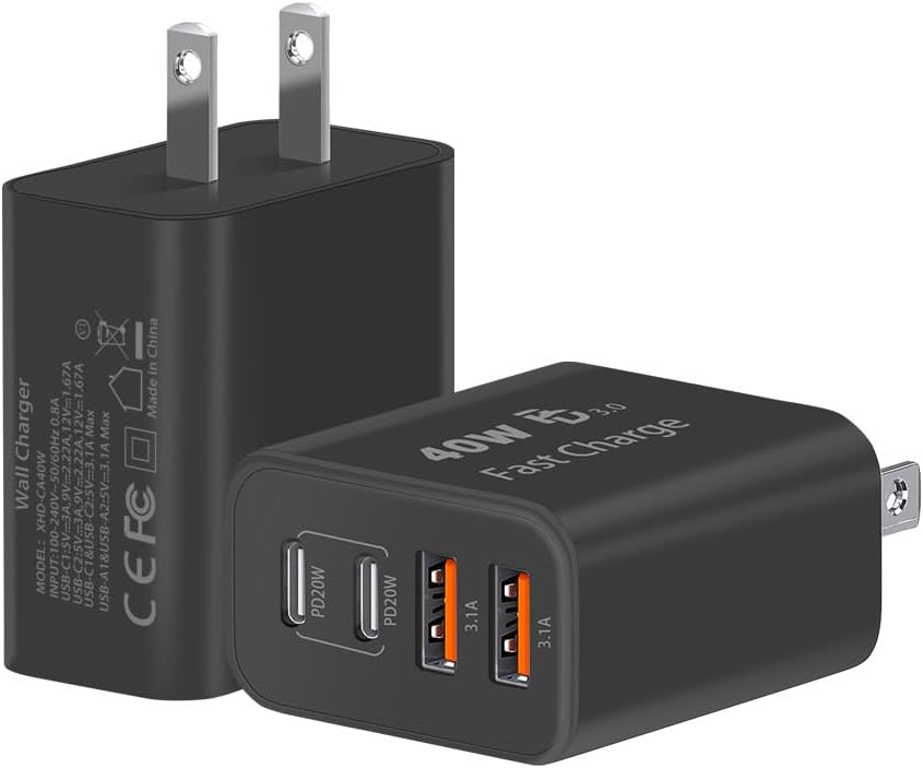 USB C Block 40W, 4 Ports Wall Plug Fast Charging Block, PD+QC Multiport Power Adapter USB C Charger Type C for iPhone 16,15,14,13,12,11, Pro Max, X, Xr, Xs, 8, 7, Watch, Galaxy Phones-Black 2Pack