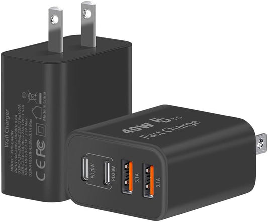 USB C Block 40W, 4 Ports Wall Plug Fast Charging Block, PD+QC Multiport Power Adapter USB C Charger Type C for iPhone 16,15,14,13,12,11, Pro Max, X, Xr, Xs, 8, 7, Watch, Galaxy Phones-Black 2Pack