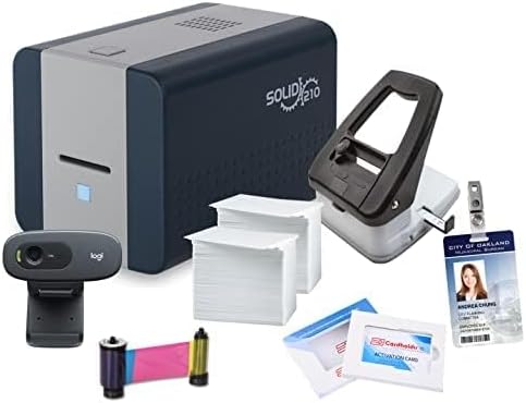 Easy Badges Solid 210 ID Badge Printer | with Standard Edition Software (Adds Excel Database & QR Codes), & Everything Needed to Print 400 ID Cards | Single Sided Employee ID Printer