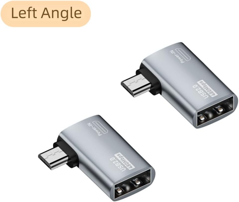 Powered Left Angle USB 2.0 Micro Male to USB Female Host OTG Adapter for Samsung, Firestick，PS Classic，SNES Mini,NES/SNES Classic,Chromecast and More Smartphone or Tablet (2 Pack)