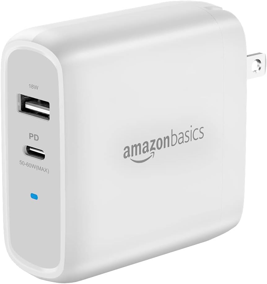 Amazon Basics 68W Two-Port GaN Wall Charger with 1 USB-C (60W) & 1 USB-A Ports (18W) with PD for Laptops, Tablets & Phones (iPhone 16/15/14/13/12/11/X, iPad, MacPro, Samsung, and more), Non-PPS, White