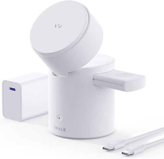 iWALK 3 in 1 Wireless Charging Stand with Auto Rotation, Charging Station with Magnet for Apple Devices, 15W Foldable Wireless Charger Station for iPhone 16 15 14 13 12 & Apple Watch & Airpods, White