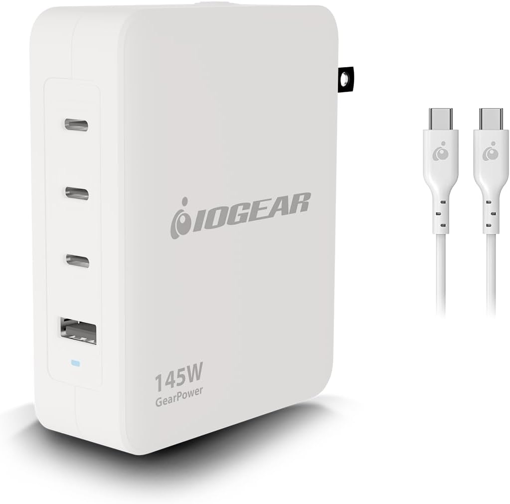 IOGEAR GearPower 145W Multiport Charger, GaN, 4 Port, USB-C Cable, iPhone 16, MacBook Pro/Air, iPad Pro, Google Pixel, Travel Wall Charger, Cable Included, GPAWC145W