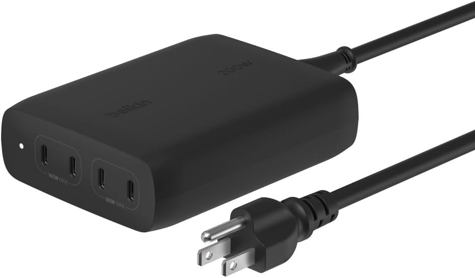 Belkin 4-Port USB C Charger Block, 200W GaN Multi-Port Charger USB-C PD 3.1 Fast Charge + 5ft Power Cord - MacBook, iPhone 16, iPad, Galaxy S25, Google Pixel, Nintendo Switch 2 - Black