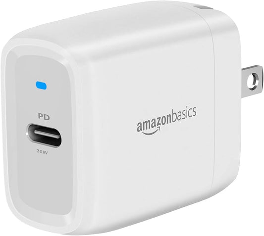 Amazon Basics 30W One-Port GaN USB-C Wall Charger with Power Delivery PD for Tablets & Phones (iPhone 16/15/14/13/12/11/X, iPad, Samsung, and More), Non-PPS, White