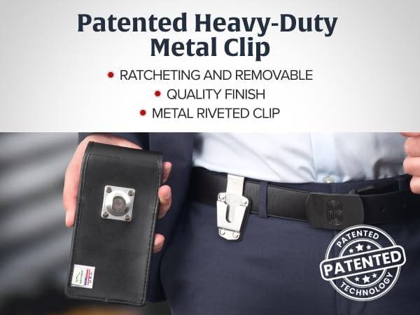 Turtleback Belt Holder for iPhone 16 Pro, 16e, 15 pro 14 Pro 13 Pro -Large- Fits w/Defender Bulky Style Cases, Premium Black Leather Vertical Holster, Magnetic Closure Leather Wrapped Belt Clip