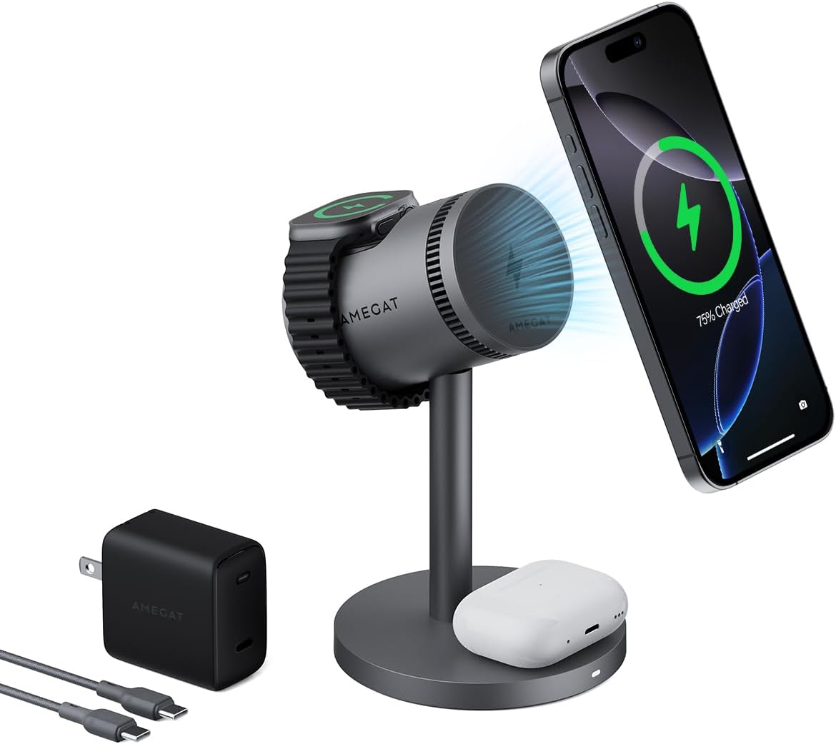 3 in 1 Charging Station Compatible with MagSafe, 15W Cooling Wireless Charger, Charger Stand Qi2 Certified for iPhone 16/15/14/13/12, Samsung S25, Apple Watch, AirPods (45W PD Charger Included)