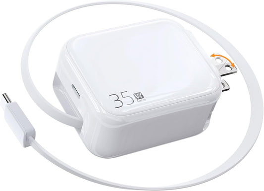 35W Retractable USB-C Wall Charger, Fast Charging Block with Foldable Plug and Retractable Type-C Cable, Dual Port PD Charger for iPhone 16/15, Galaxy S23/S22, LG, Compact for Travel & Home