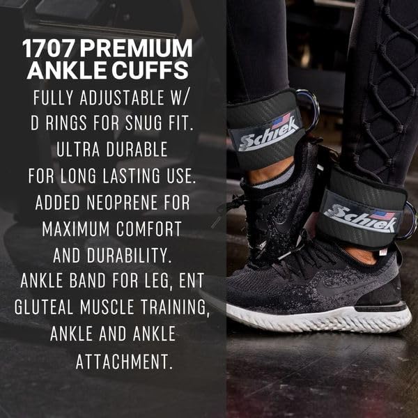 Schiek Sports 1707 Ankle Cuffs - Ideal for Glute Kickbacks and Cable Machine Workouts - Durable and Built To Last