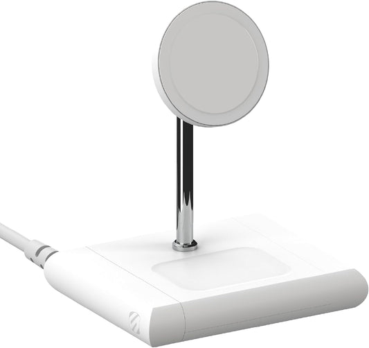 Scosche BL2MSiQWT-AP BaseLynx™ 2.0 2-in-1 Modular Charging Station with MagSafe, 15W Fast Wireless Charging Phone Stand Compatible w/Apple iPhone 15/14/13/12 Series, 5W Charger Pad for AirPods, White